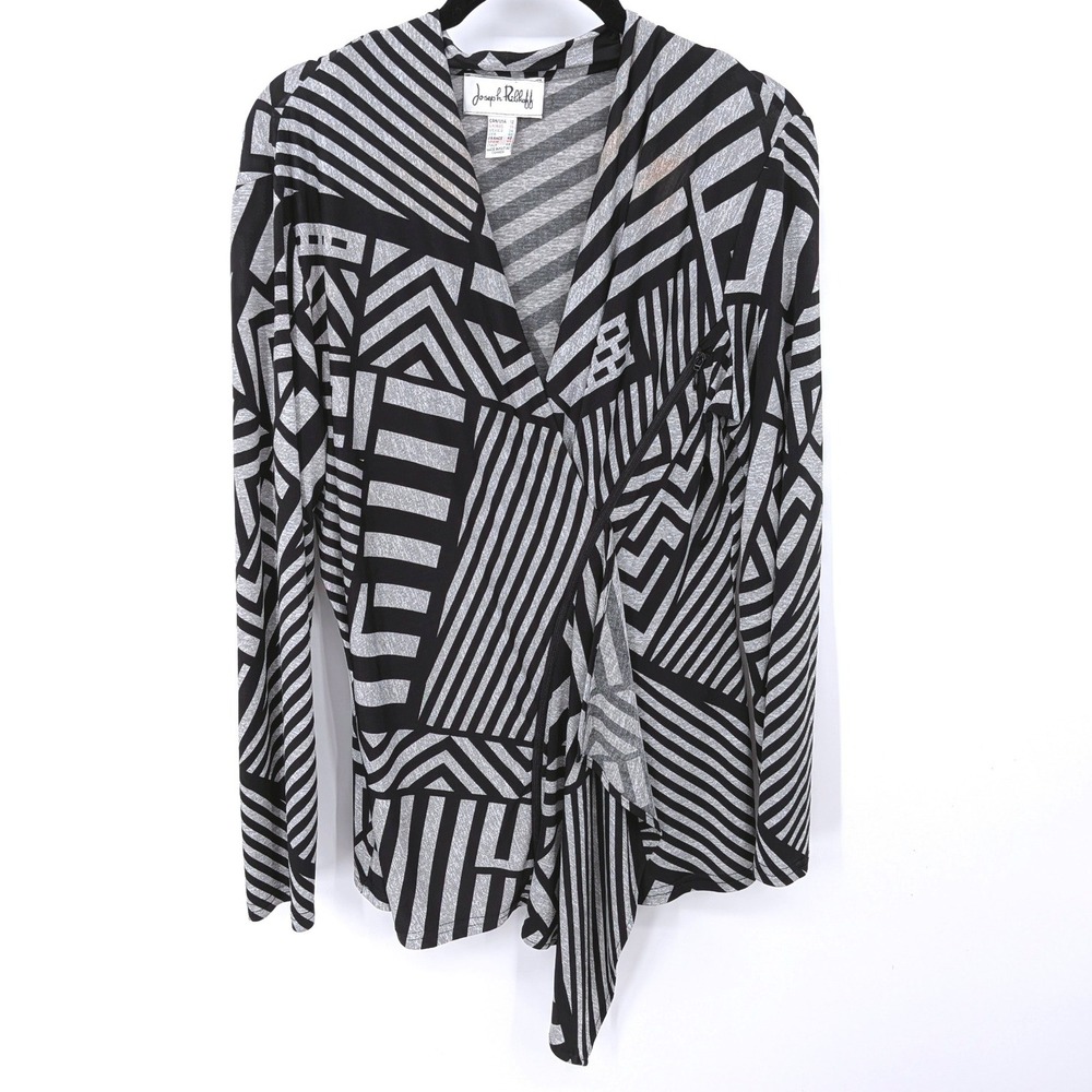 Joseph Ribkoff Top Women 12 Gray Black Geometric Asymmetric Zip Draped Blouse